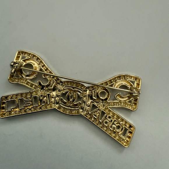 New upcycled CHANEL Gold tone and Silver rhinestone  Logo Bow Brooch - Picture 4 of 4
